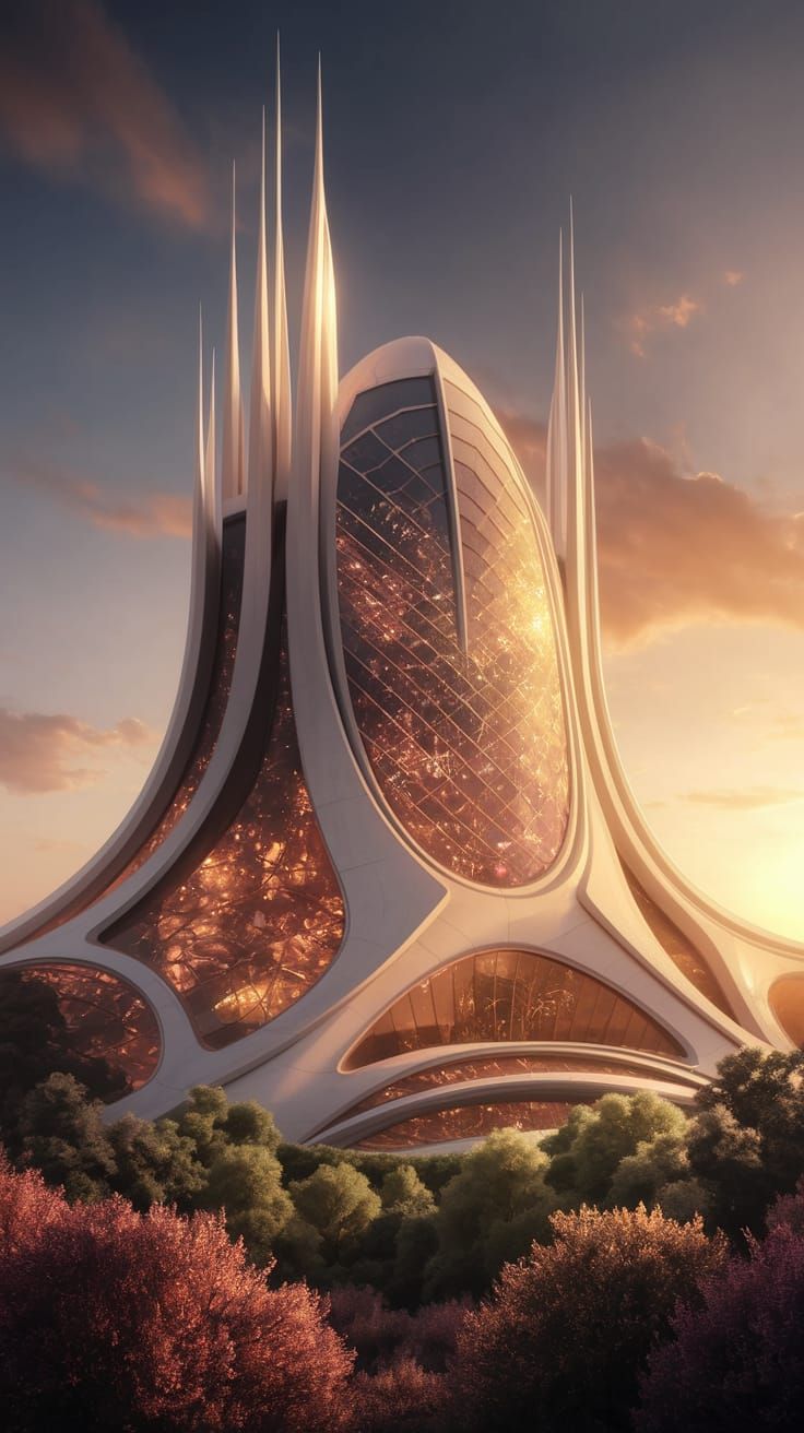 Neo-Futuristic Ardecó Building Illuminated at Sunset