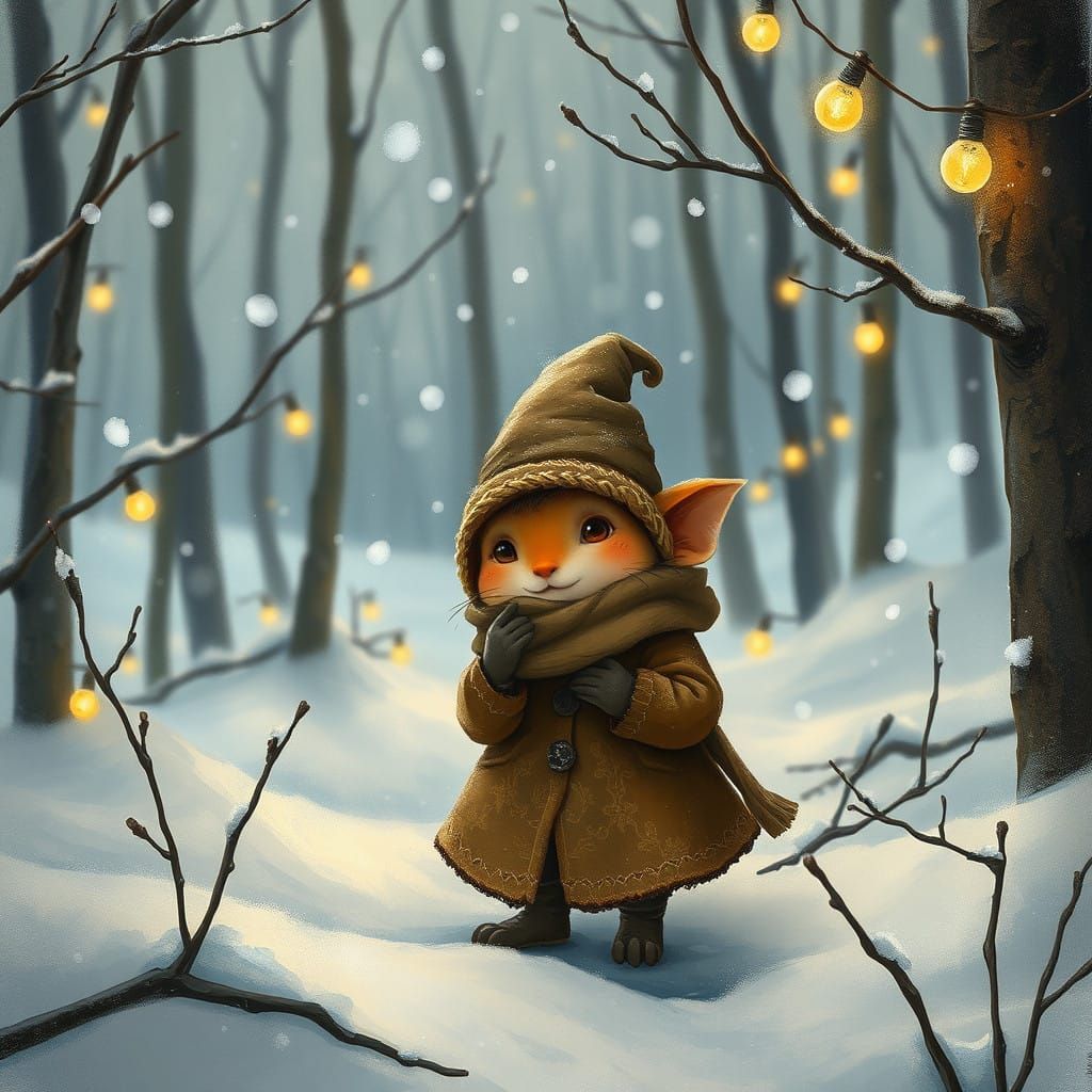 Whimsical Winter Scene with Lutin and Snowflakes