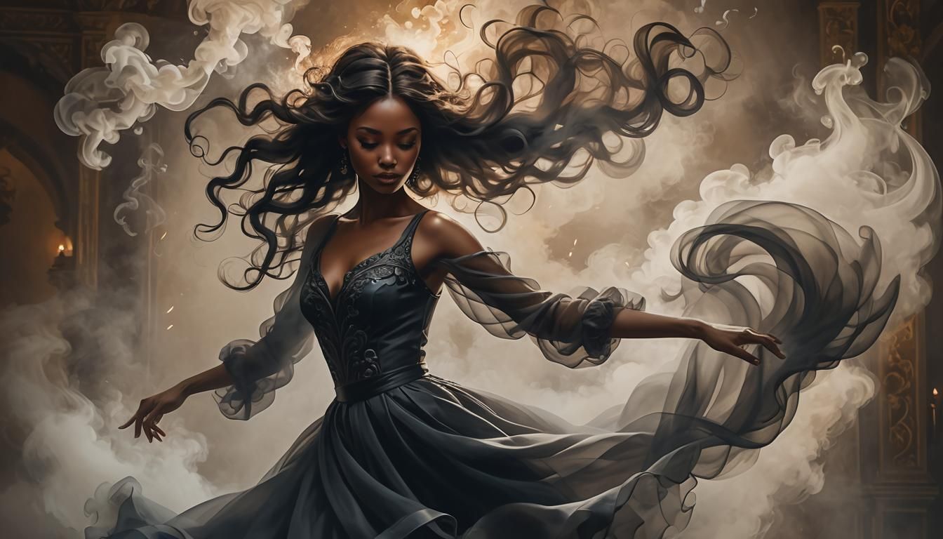Ethereal Smoke Goddess Dancing in Swirling Vapors