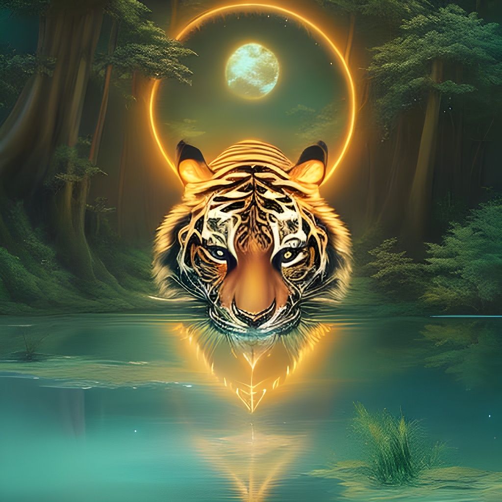 Celestial Tiger in Mystical Forest Lake Illumination