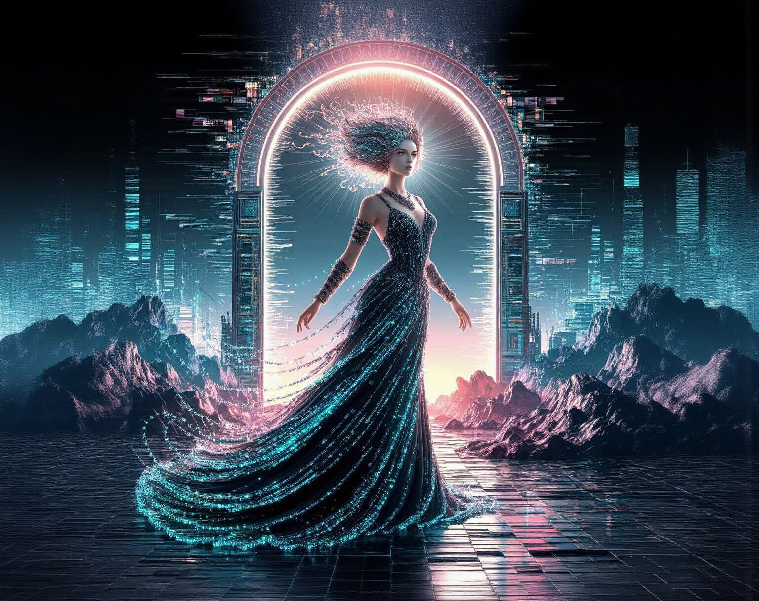 Digital Enchantress Before Portal in Mucha Style