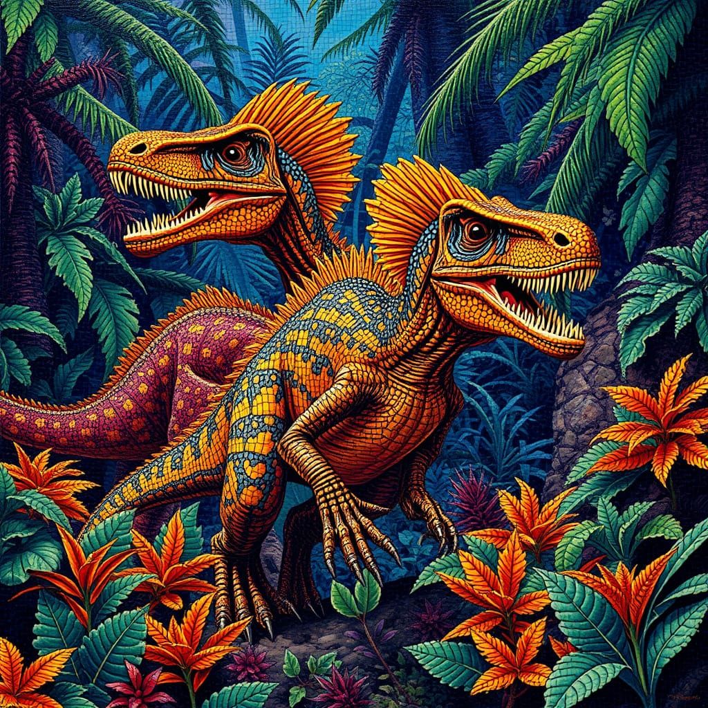 Velociraptors in Beaded Mosaic Jungle