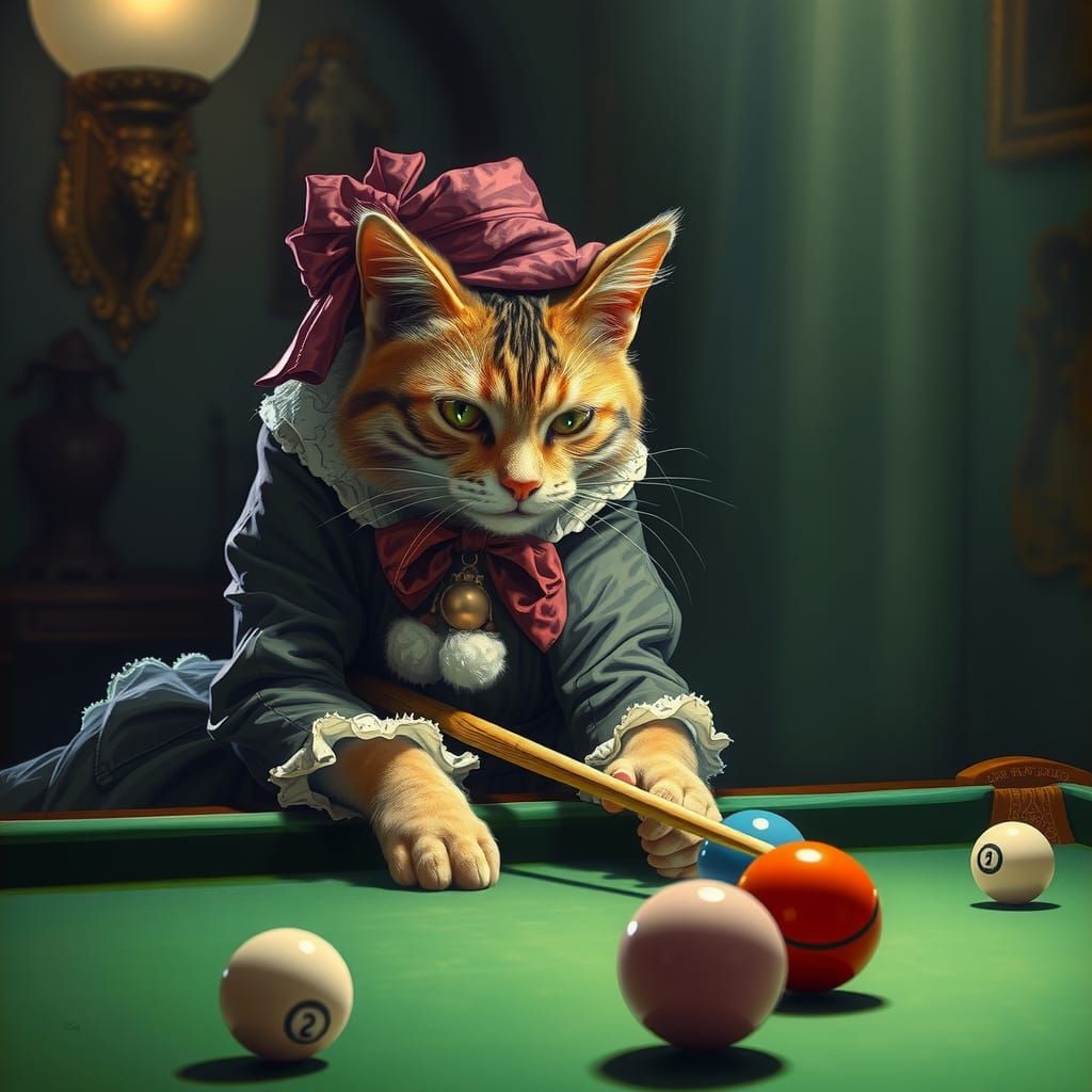 Feline Snooker Player in Whimsical Fantasy Artwork