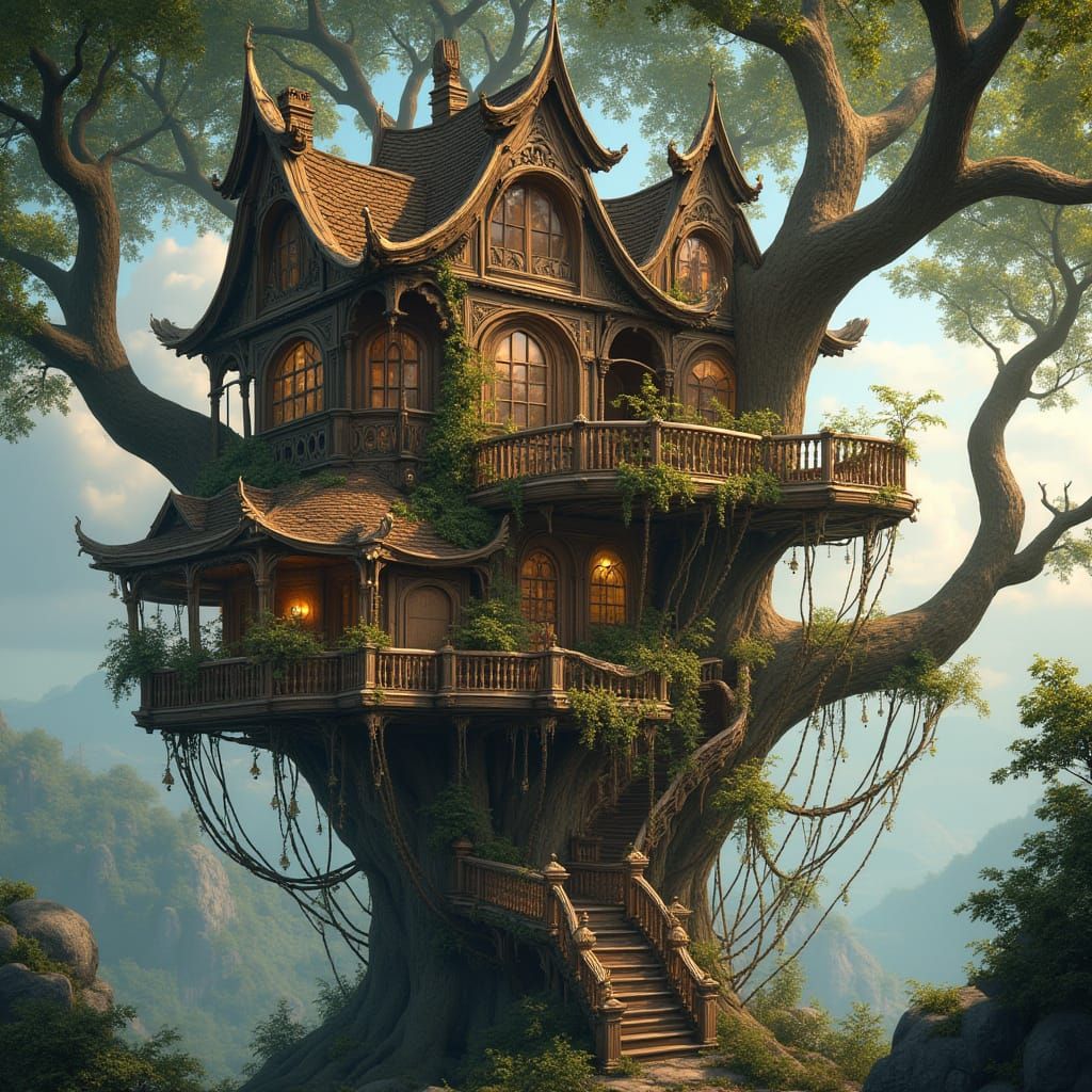 Ethereal Victorian Treehouse Amidst Ancient Cathedral Trees