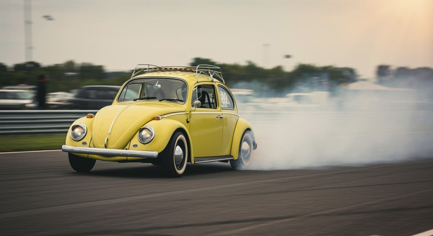 Vibrant 1951 Yellow VW Beetle, Speeding on a Racing Track, i...