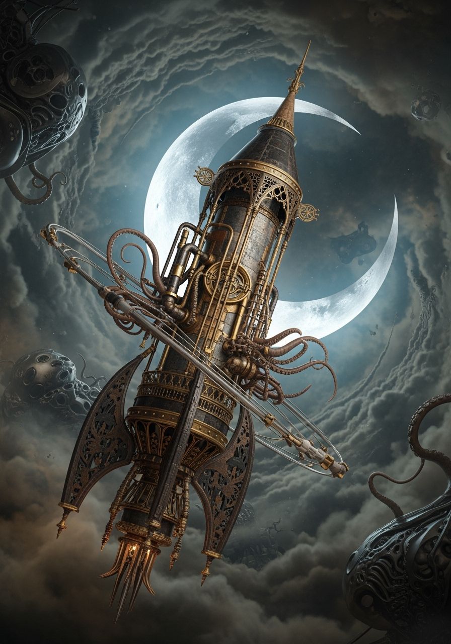 Gothic Rocket Orbits Silver Moon, Dreamlike Art