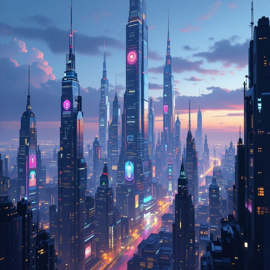 Futuristic Cityscape with Frutiger Aero Fonts at Twilight