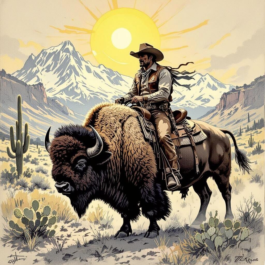 Cowboy on Bison in Western Pencil Sketch Style