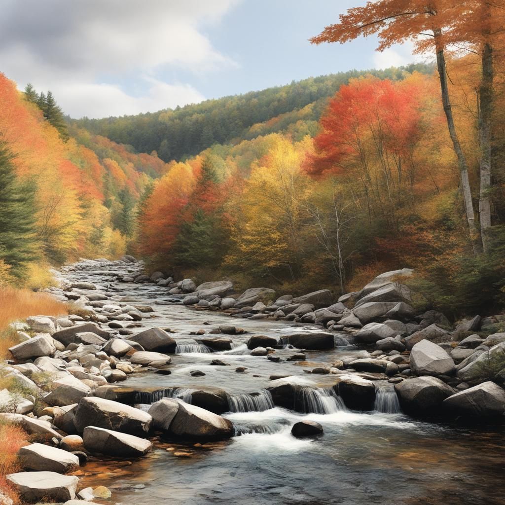 Autumn Vermont Stream Scene in Watercolor Style