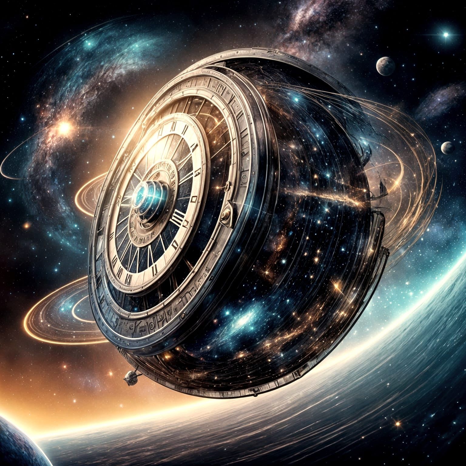 Sleek Metallic Time Machine in Cosmic Expanse