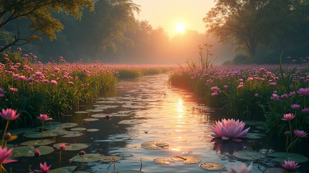 Sunset River Through Lush Meadow, Fantasy Matte Painting