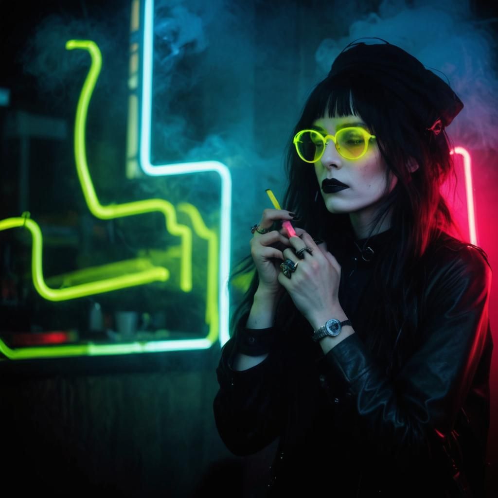 Goth Fashion Model Embracing Neon Light in Foggy Coffee Shop...