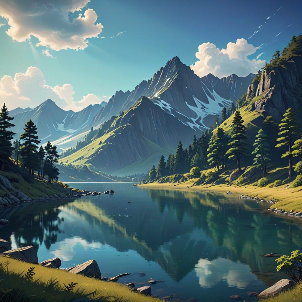 Serene Anime Landscape with Flat Hills and Majestic Mountain...