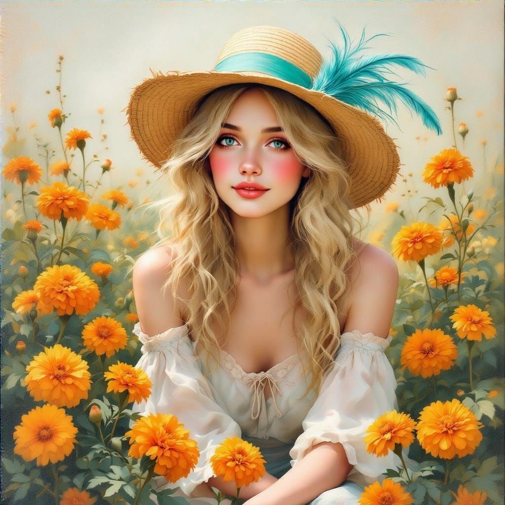 Golden Goddess Surrounded by Soft Pastel Marigolds in Idylli...