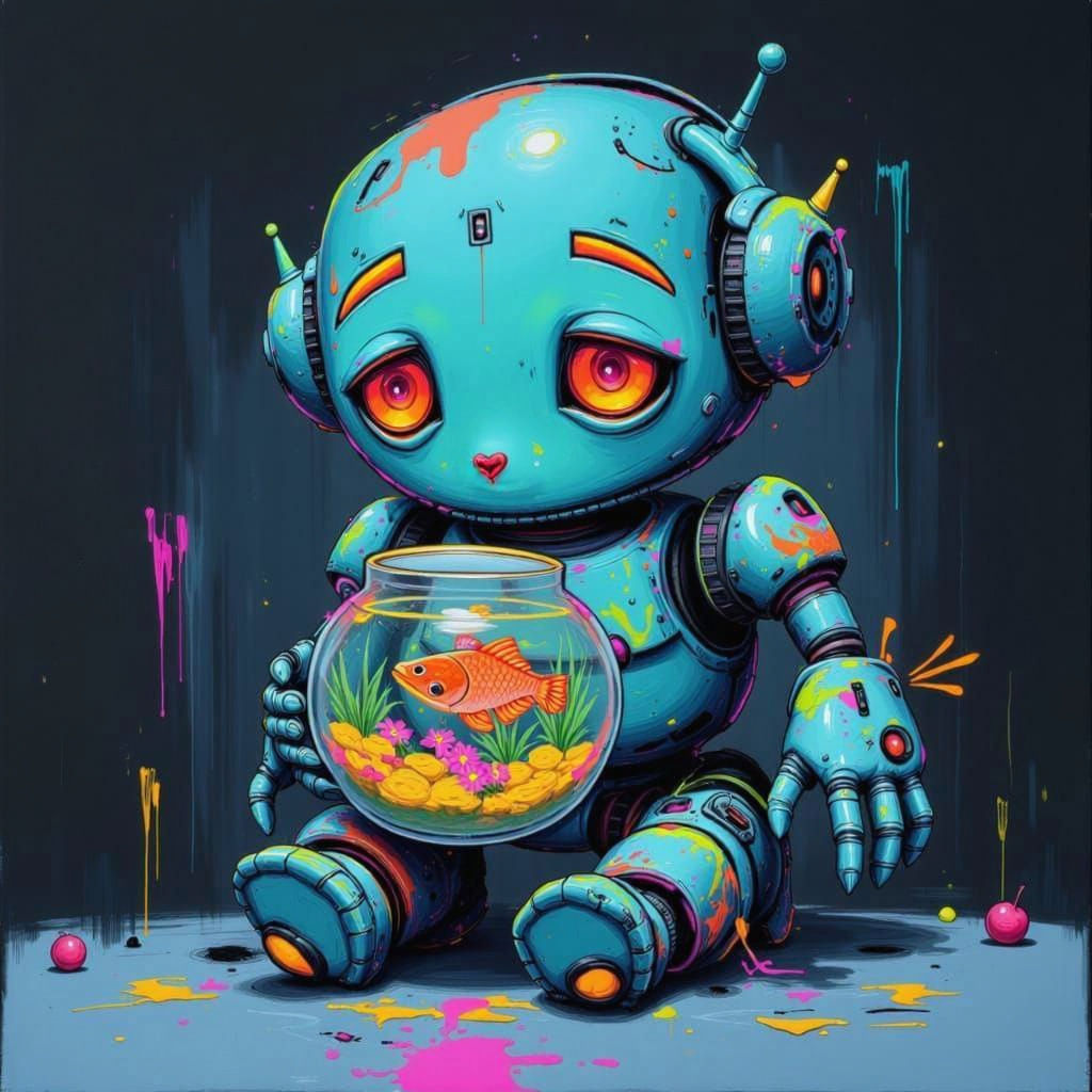 Cute Robot Holding a Fishbowl in Modern Art Style
