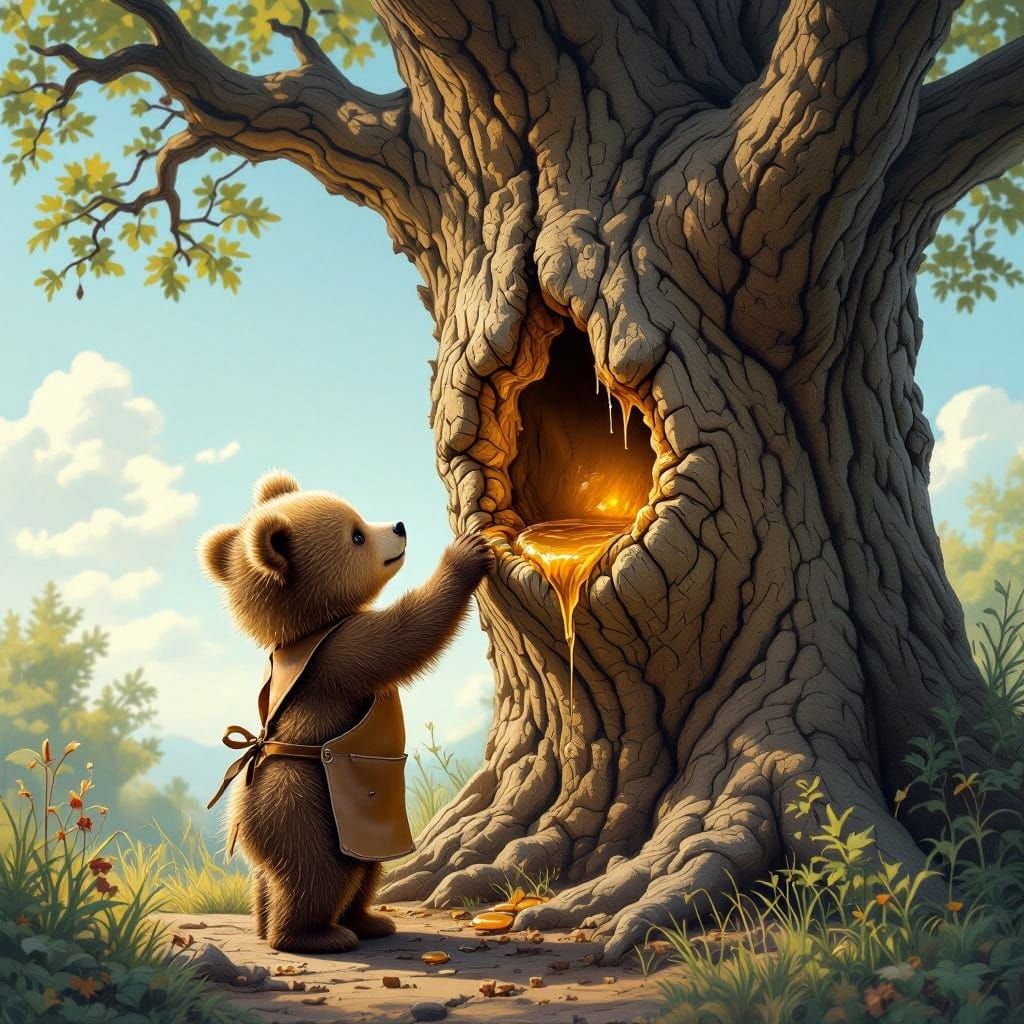 Fantastical Brown Bear Cub Extracts Honey in Ancient Oak Tre...
