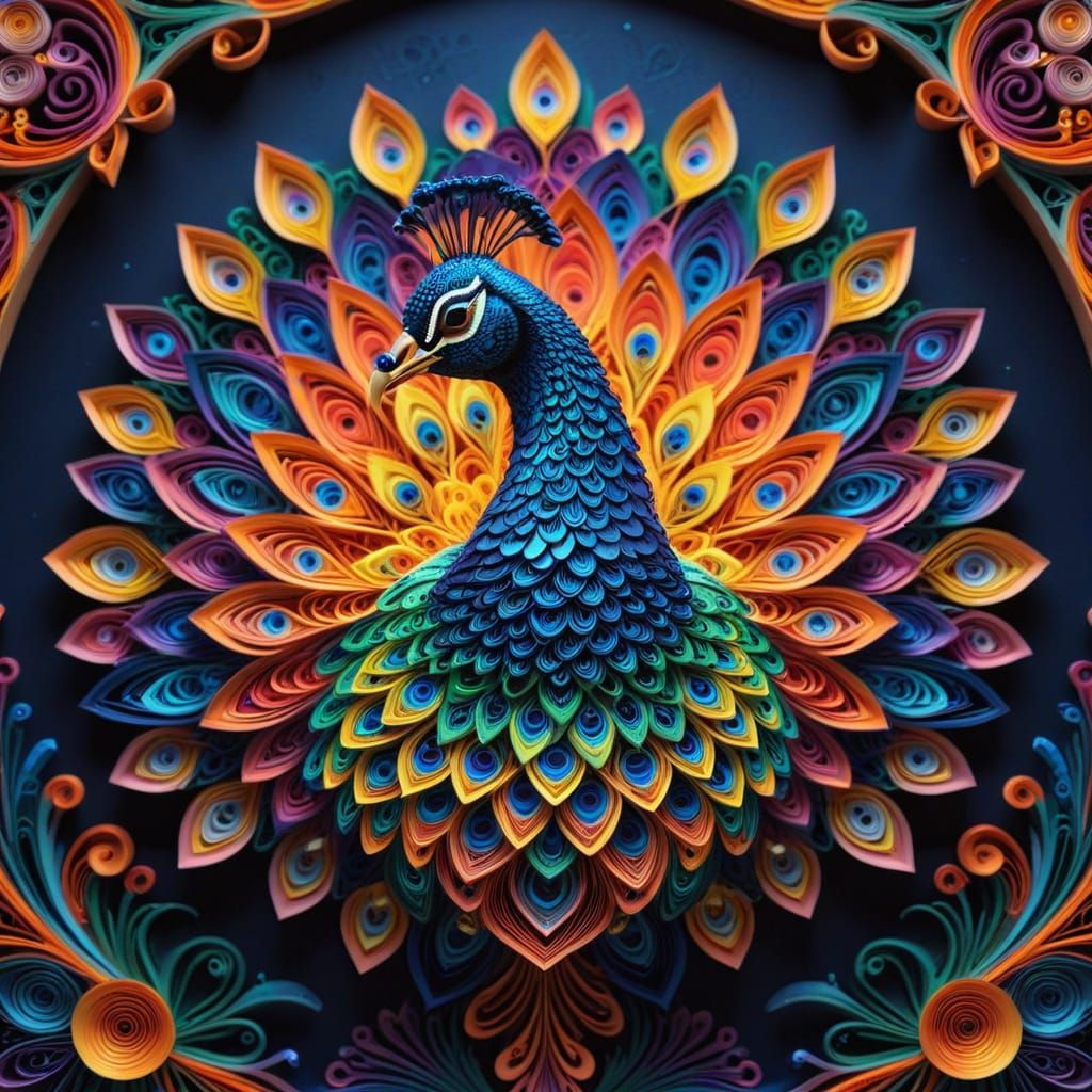 Intricate 3D Paper Peacock Sculpture in Rococo Style