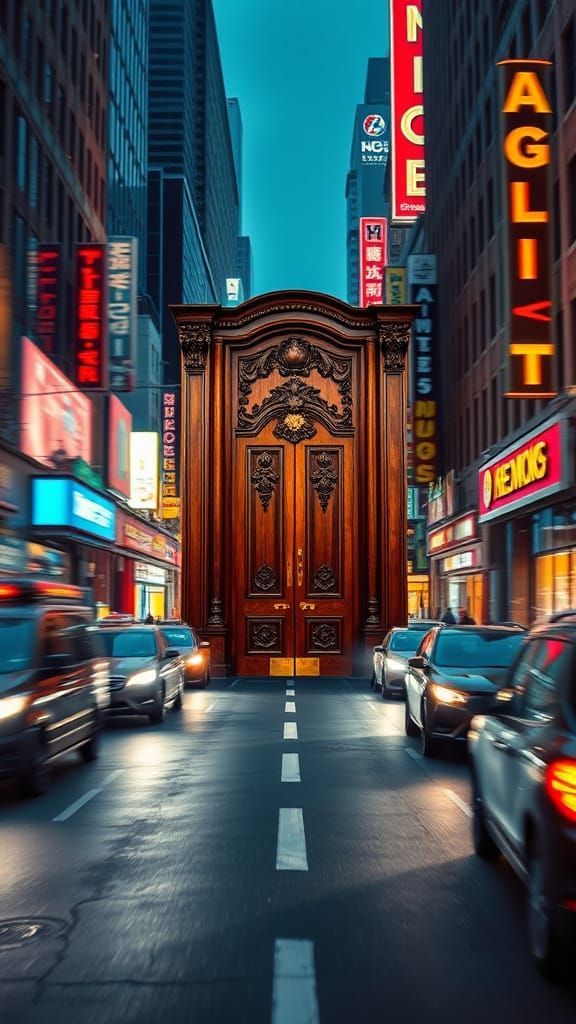 Mahogany Door Amidst Cyberpunk Cityscape
