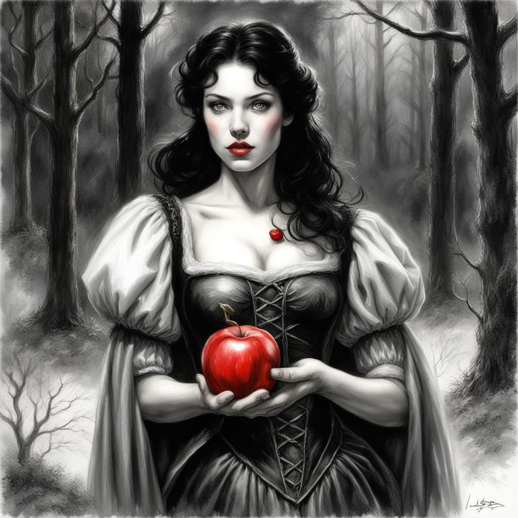 Princess in Midnight Forest, Holding a Red Apple