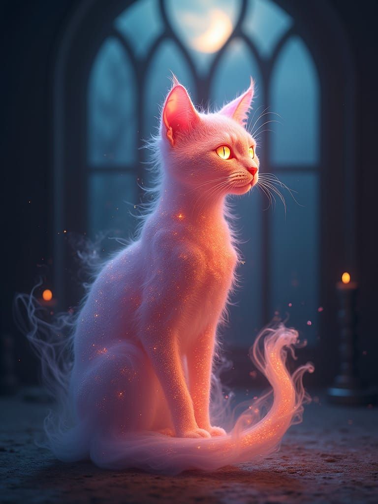 Ethereal Smoke Cat Silhouette in Vibrant Sunset Colors