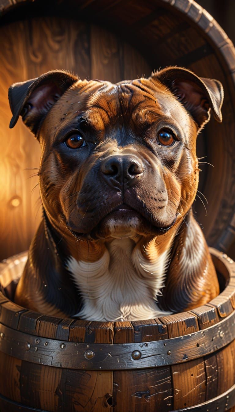 Staffordshire Bull Terrier in Whisky Barrel