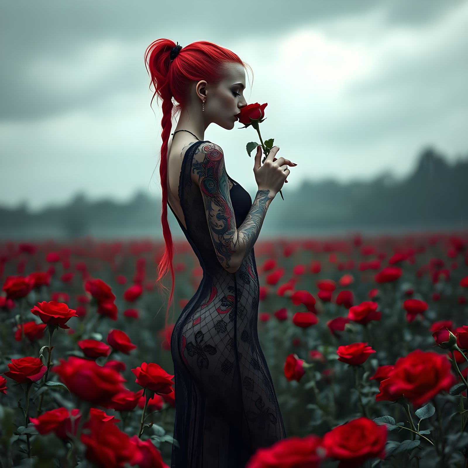 Gothic Woman in Rose Field Under Rain