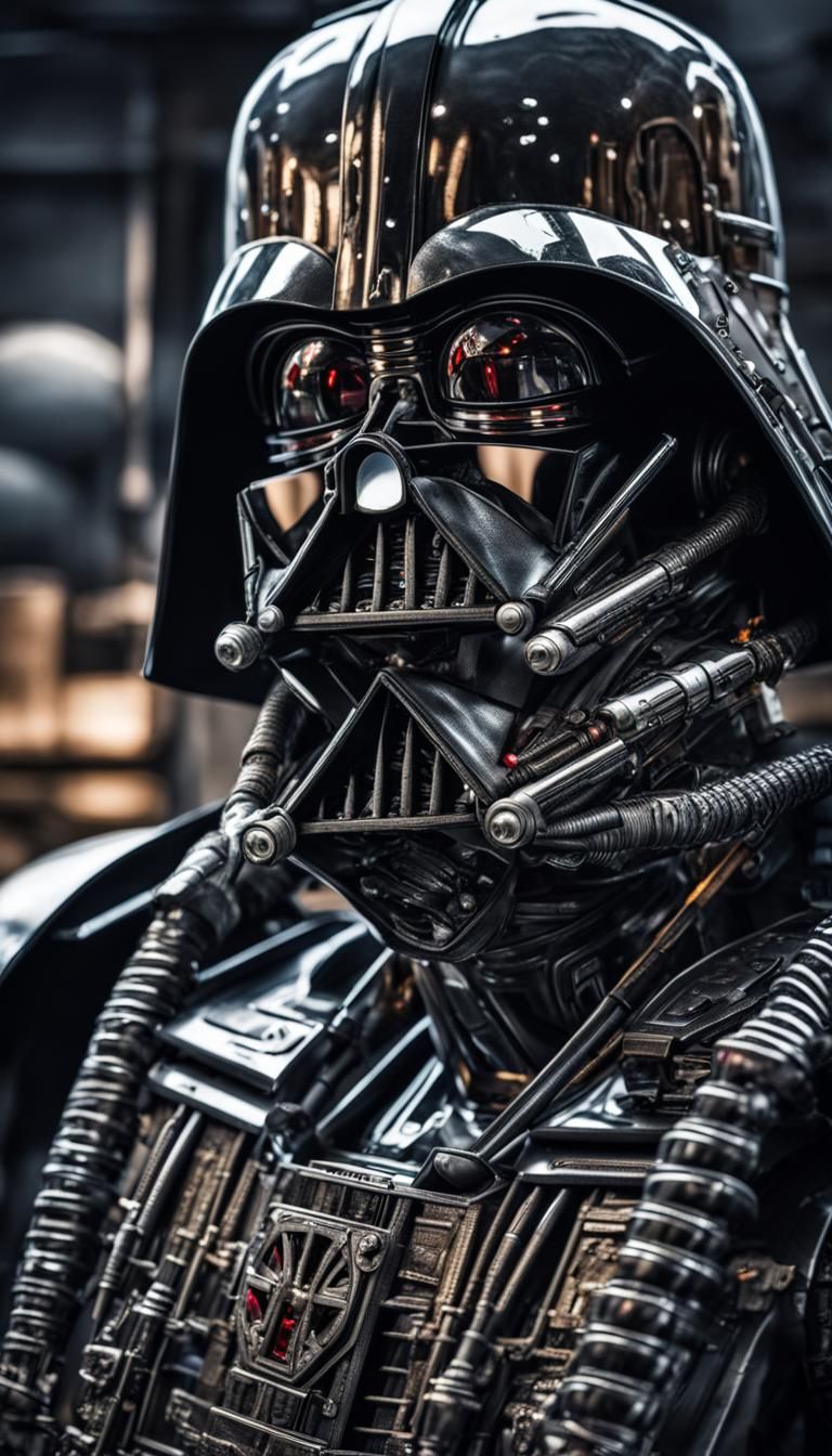 Cyberpunk Terminator in Darth Vader Helmet, Hyperrealistic