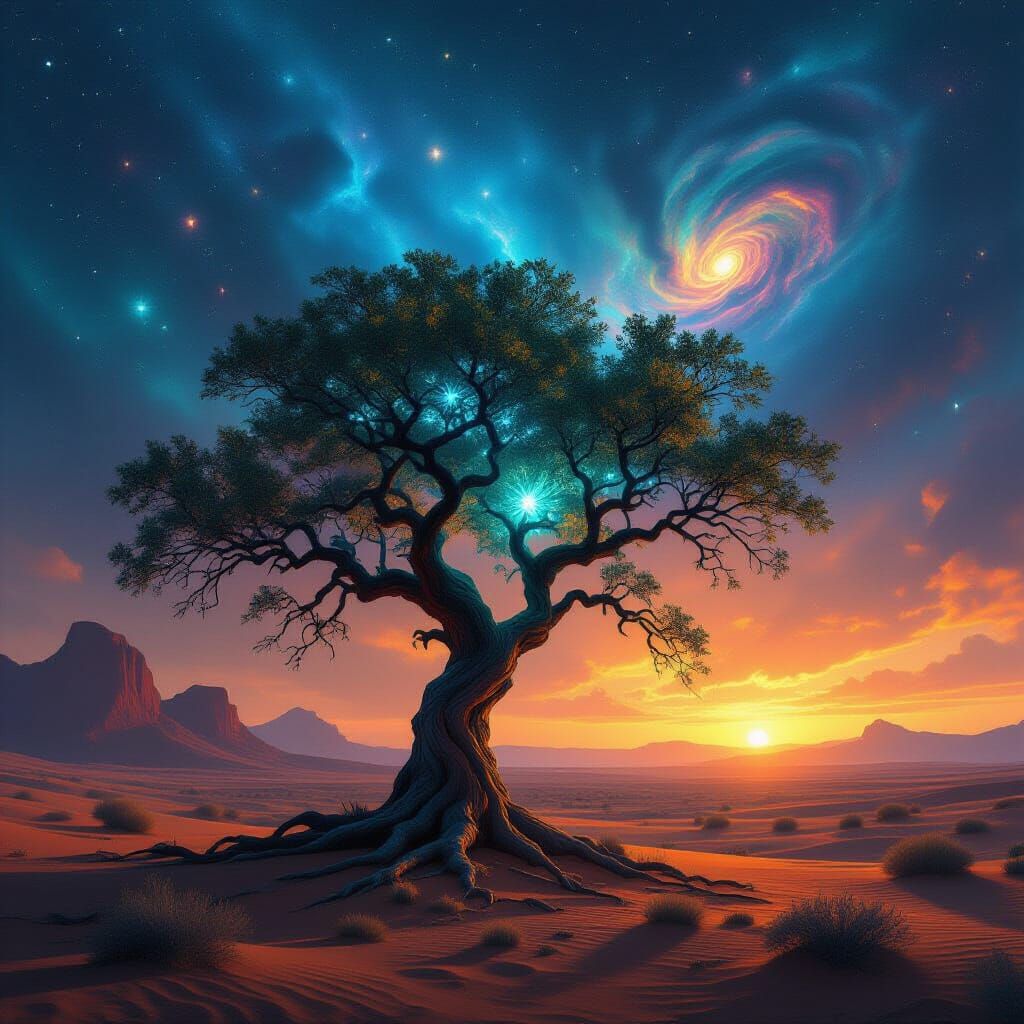 Ancient Bioluminescent Tree in Alien Desert Under Nebula Sky