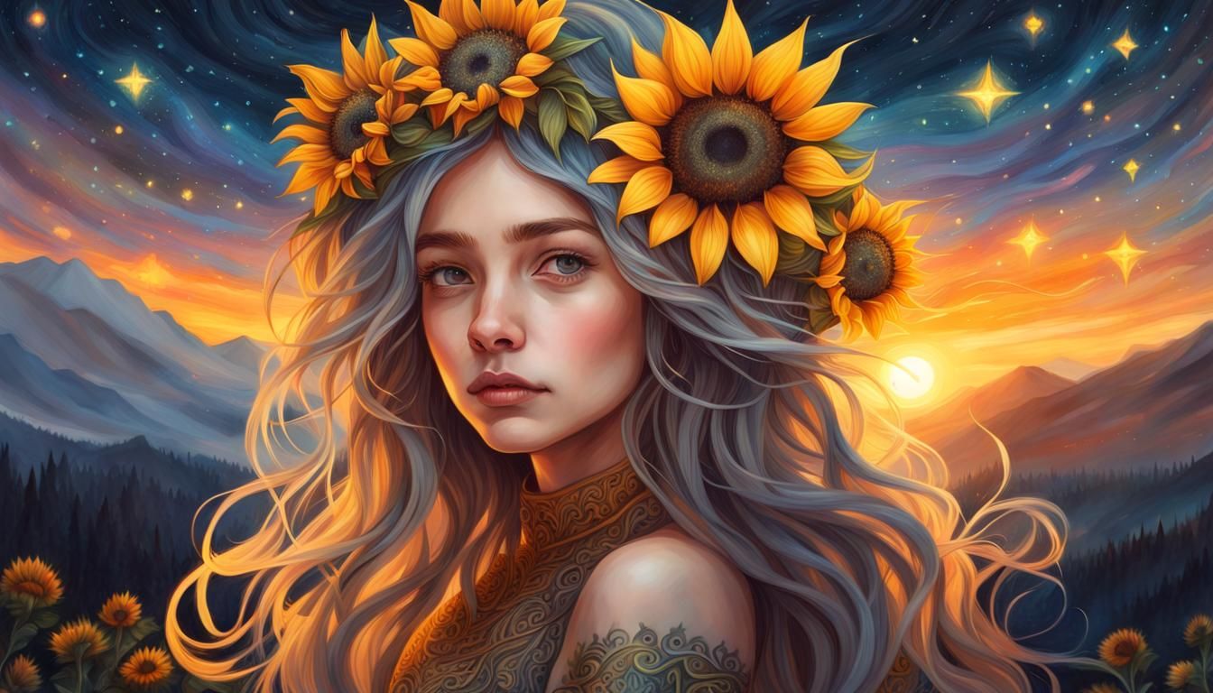 Enchanted Sunset Goddess in Whimsical Oil Painting