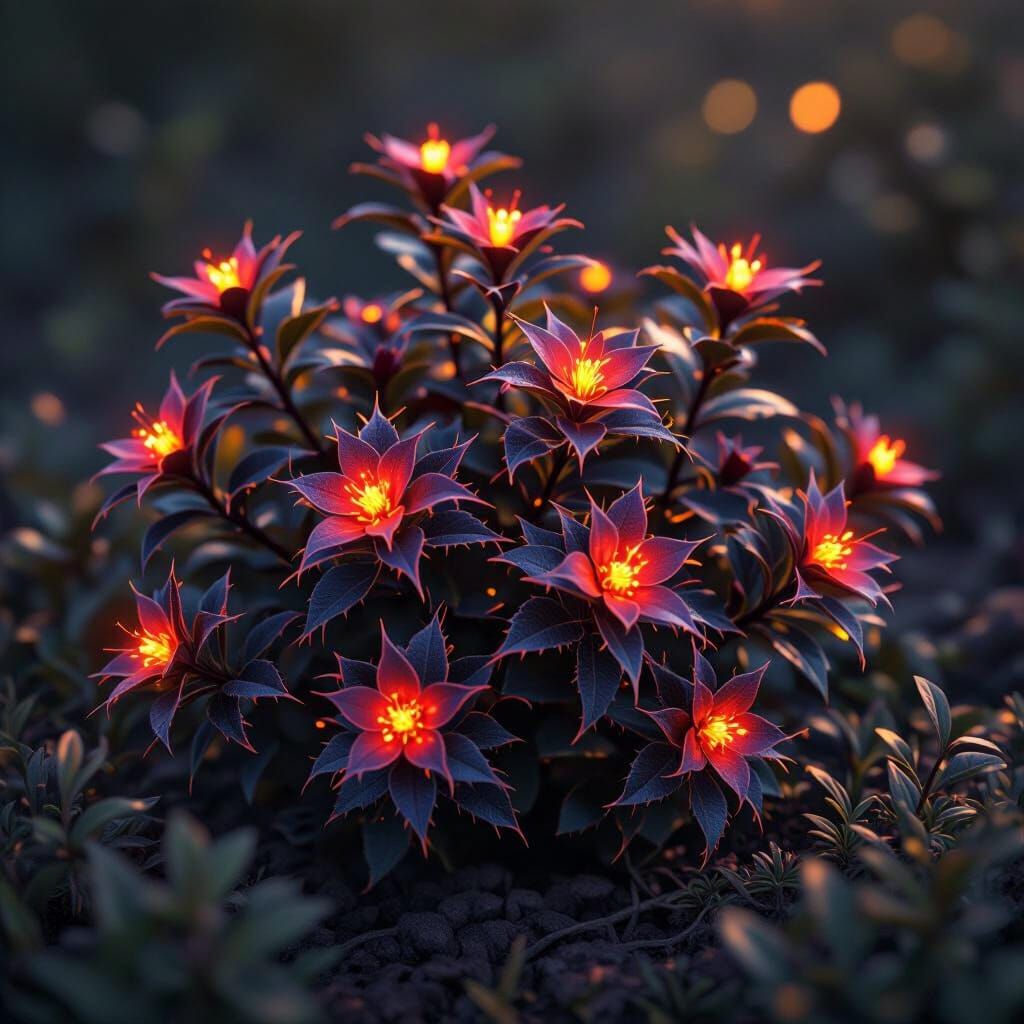 Dark Fantasy Firethorn Bush with Glowing Red Flowers
