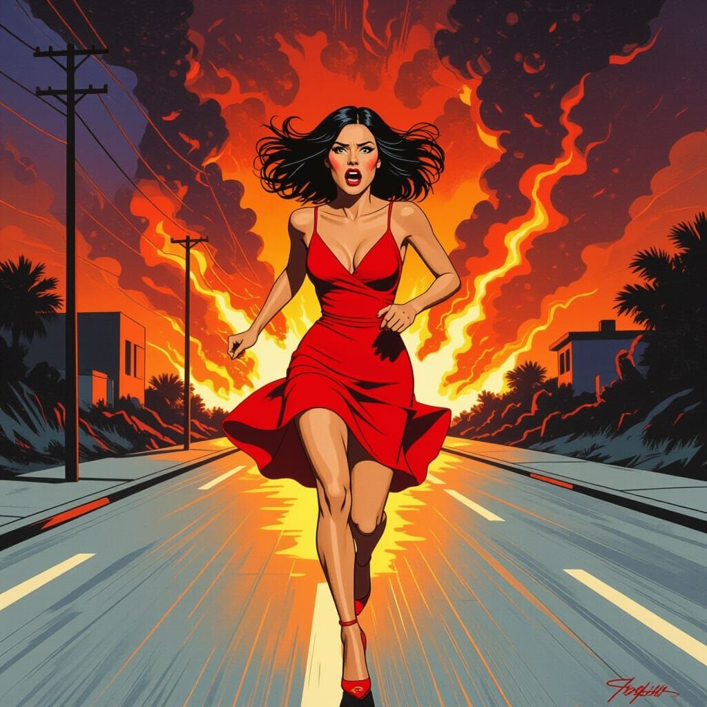 Woman Fleeing Lava Flow in Apocalyptic Style