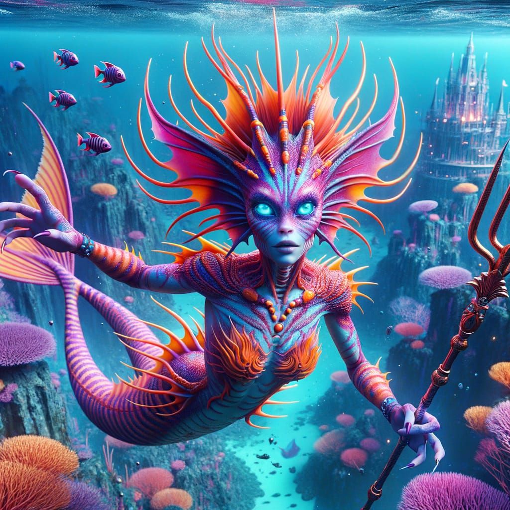 Hyperrealistic Mermaid with Alien Features in Vibrant Colors