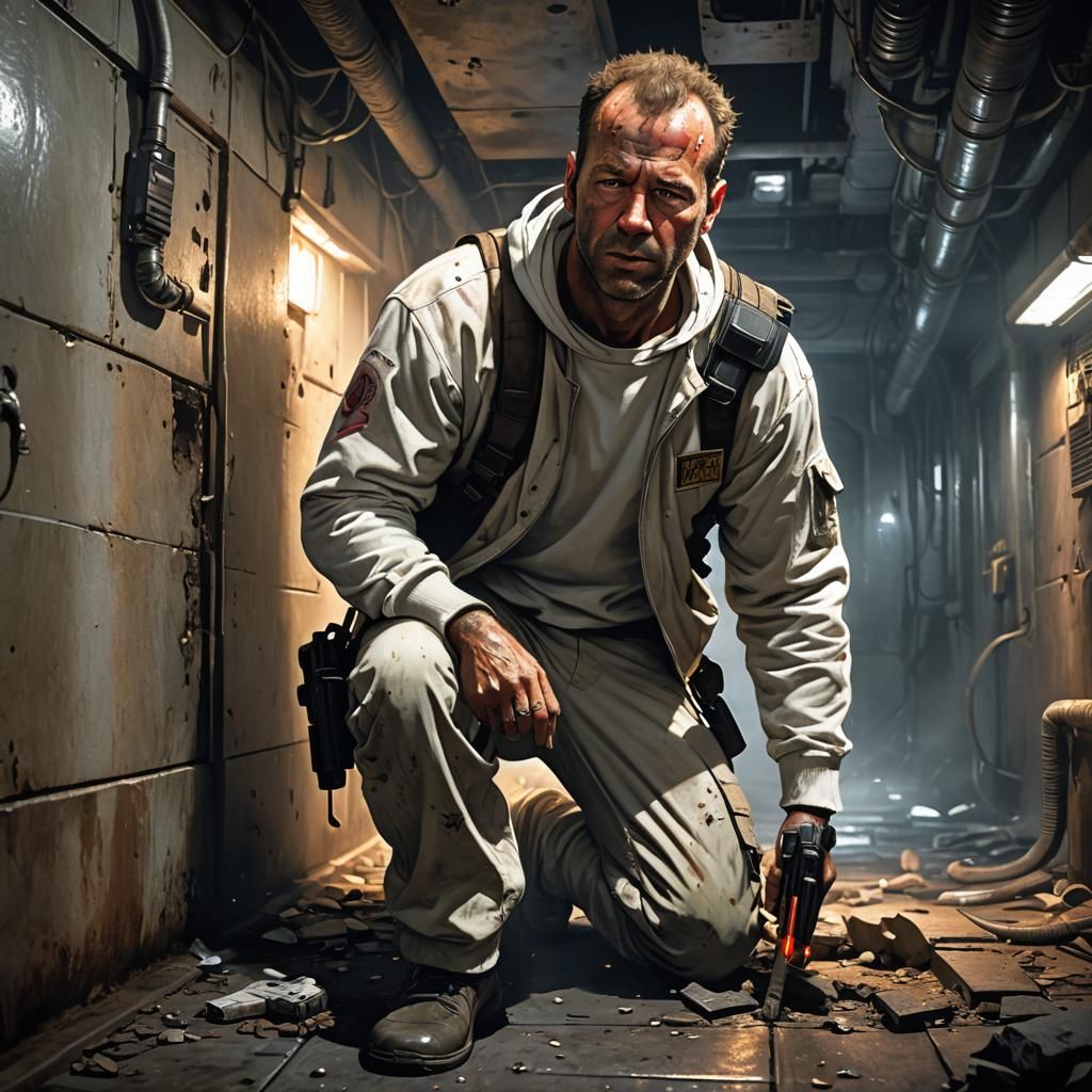Dark Fantasy John McClane in Air-Conditioning Duct with Pist...