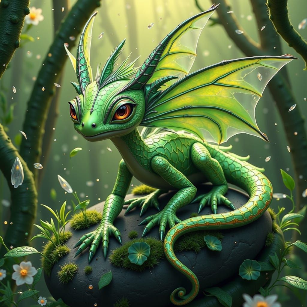 Electric Green Dragon with Honeydew Melon Scales in Whimsica...