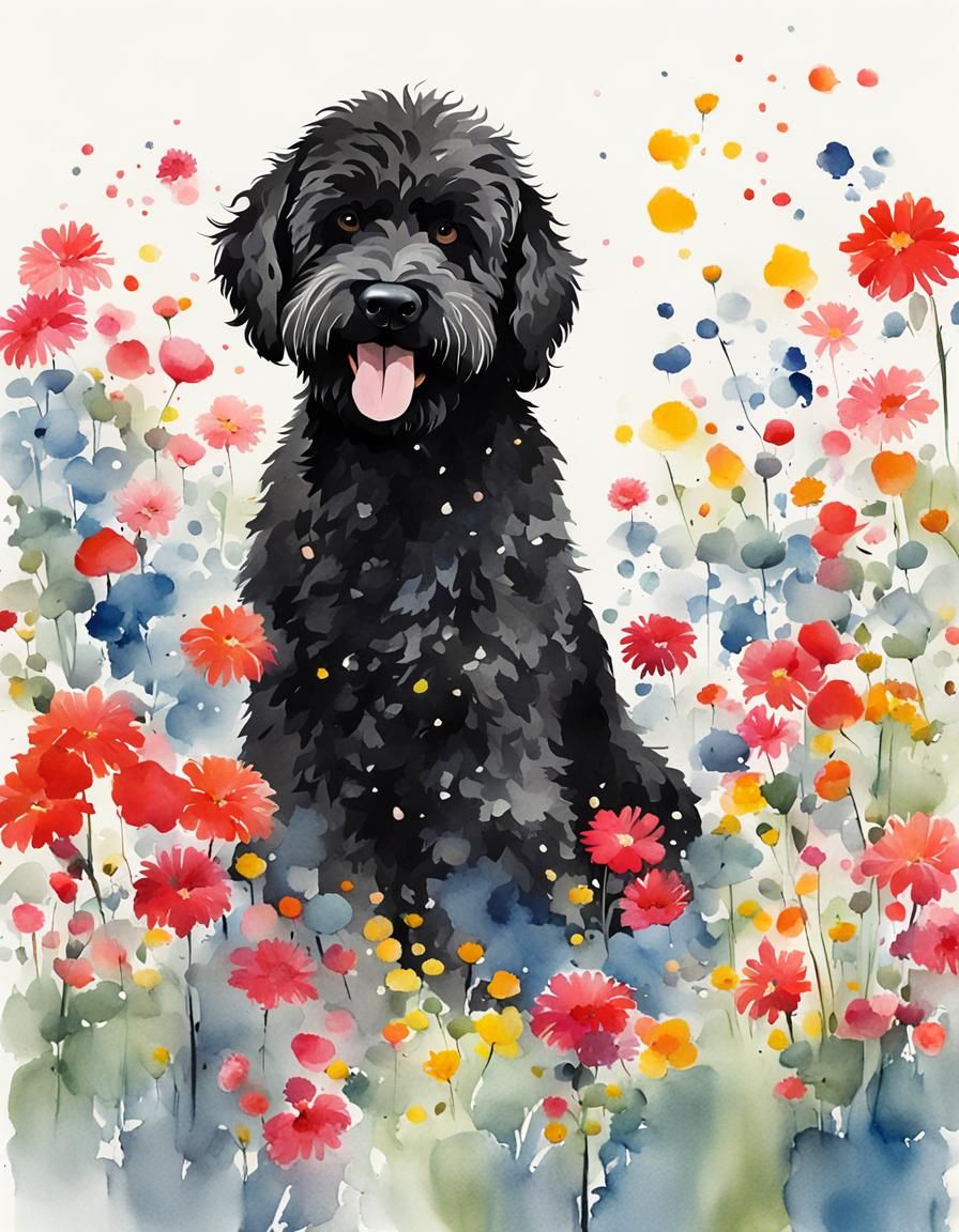 Whimsical Black Labradoodle Plays Among Vibrant Flowers in M...
