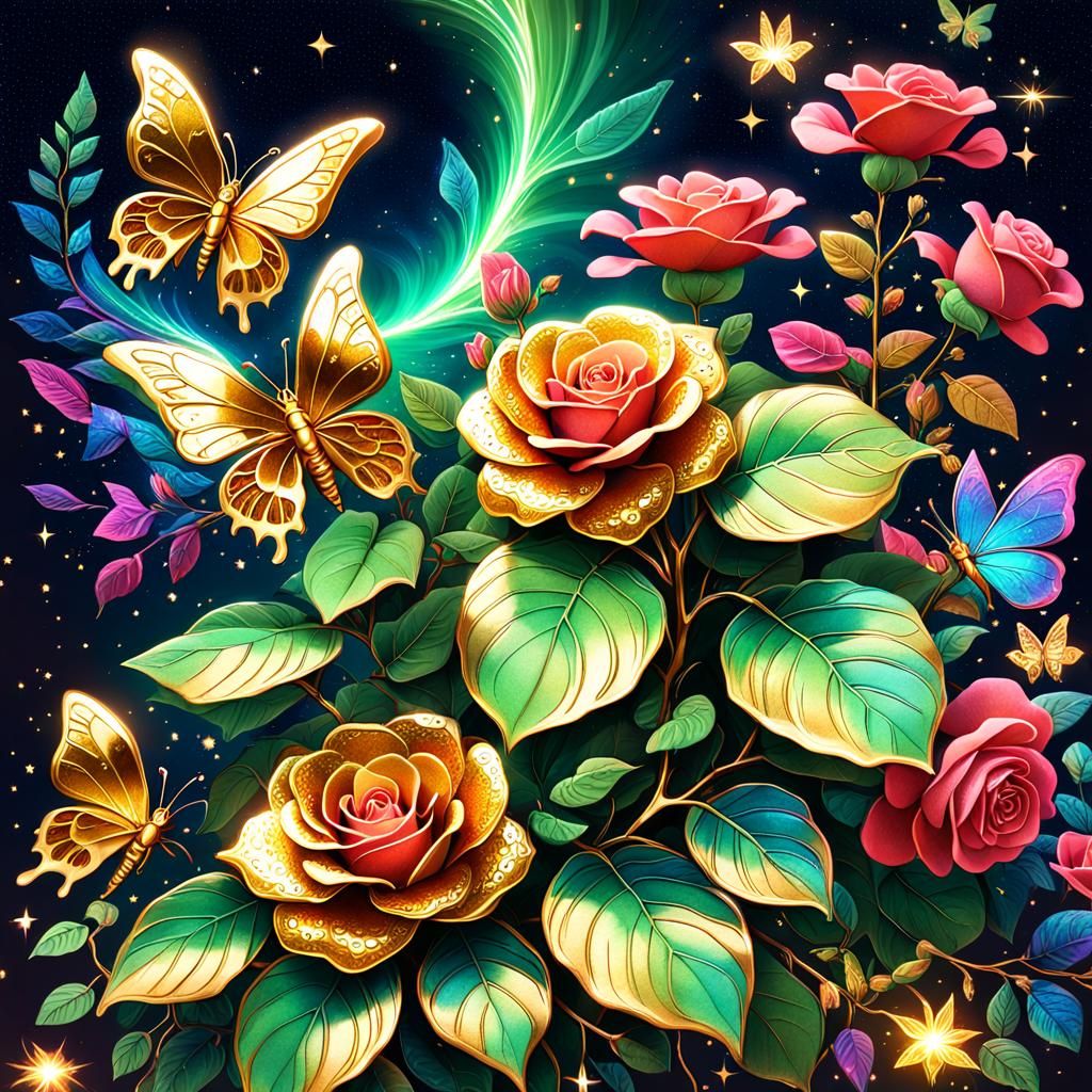 Glittering Leafy Plant in a Magical Cosmos