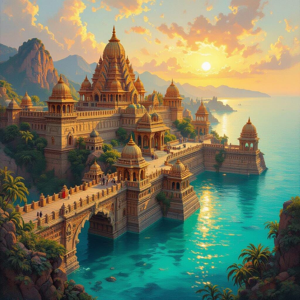 Floating Hindu City on Caribbean Waters with Ornate Bridges