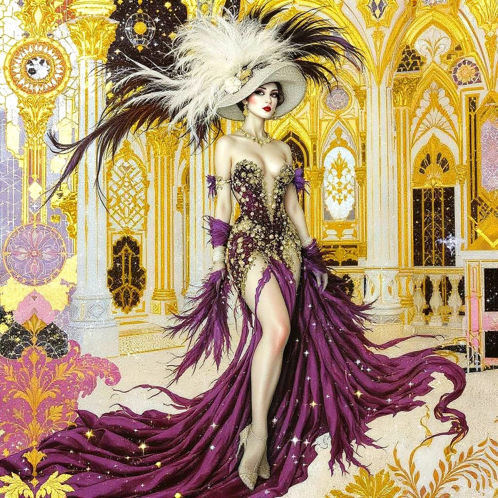 Klimt-Inspired Woman in Art Deco Manor: Mixed Media Collage