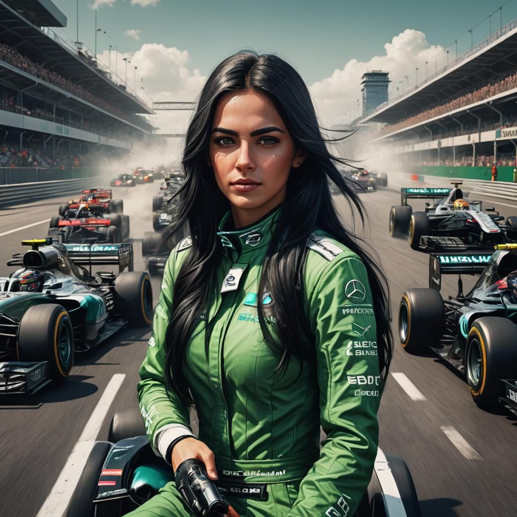 Formula 1 Mercedes Driver in Vibrant Fantasy Racing Scene