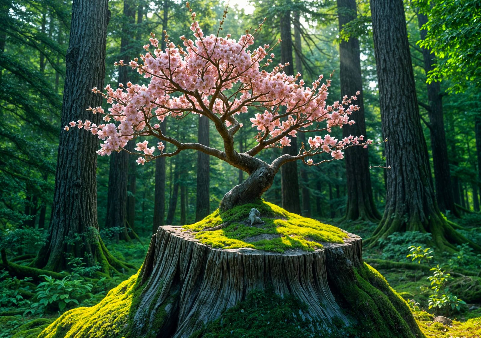Ethereal Sakura Bonsai in Lush Forest