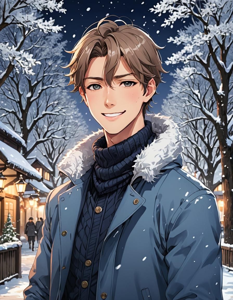 Charming Young Man in Enchanting Winter Scene
