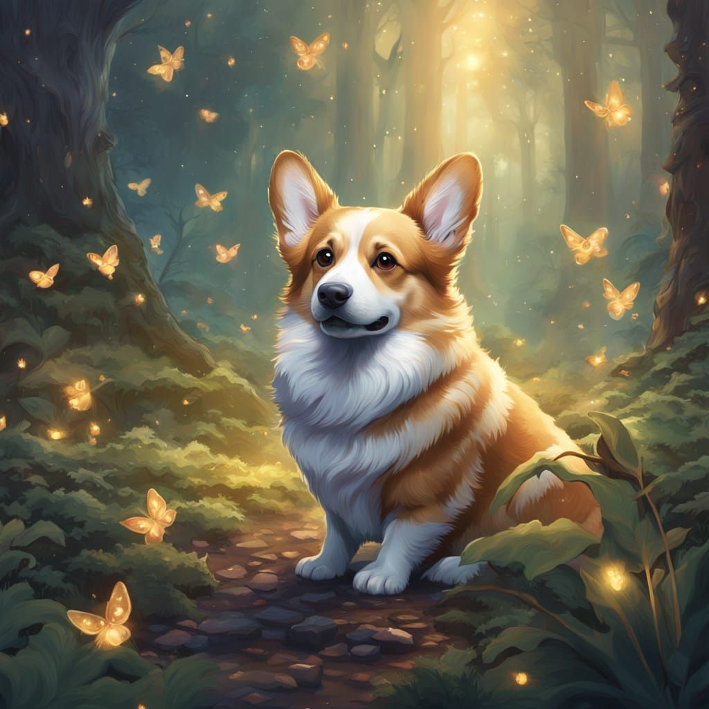 Whimsical Gouache Painting of a Welsh Corgi in a Misty Fores...