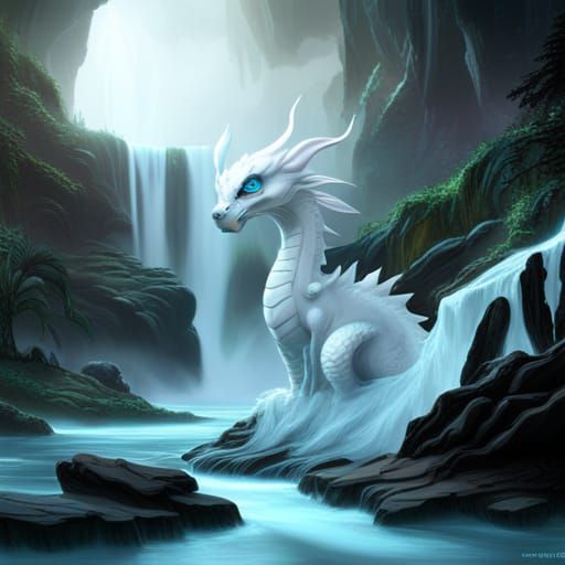 Surreal White Dragon in Enchanted Waterfall Scene