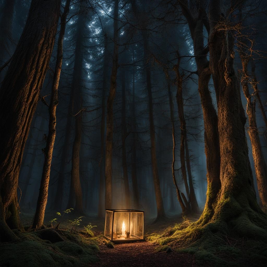 Mysterious Forest Twilight Scene in a Spooky, Rustic Art Sty...