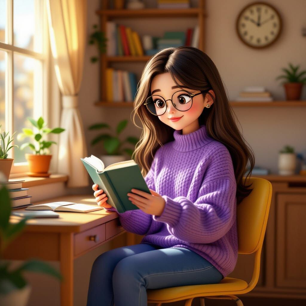 Cute Girl Reads Book by Window in Cozy Room