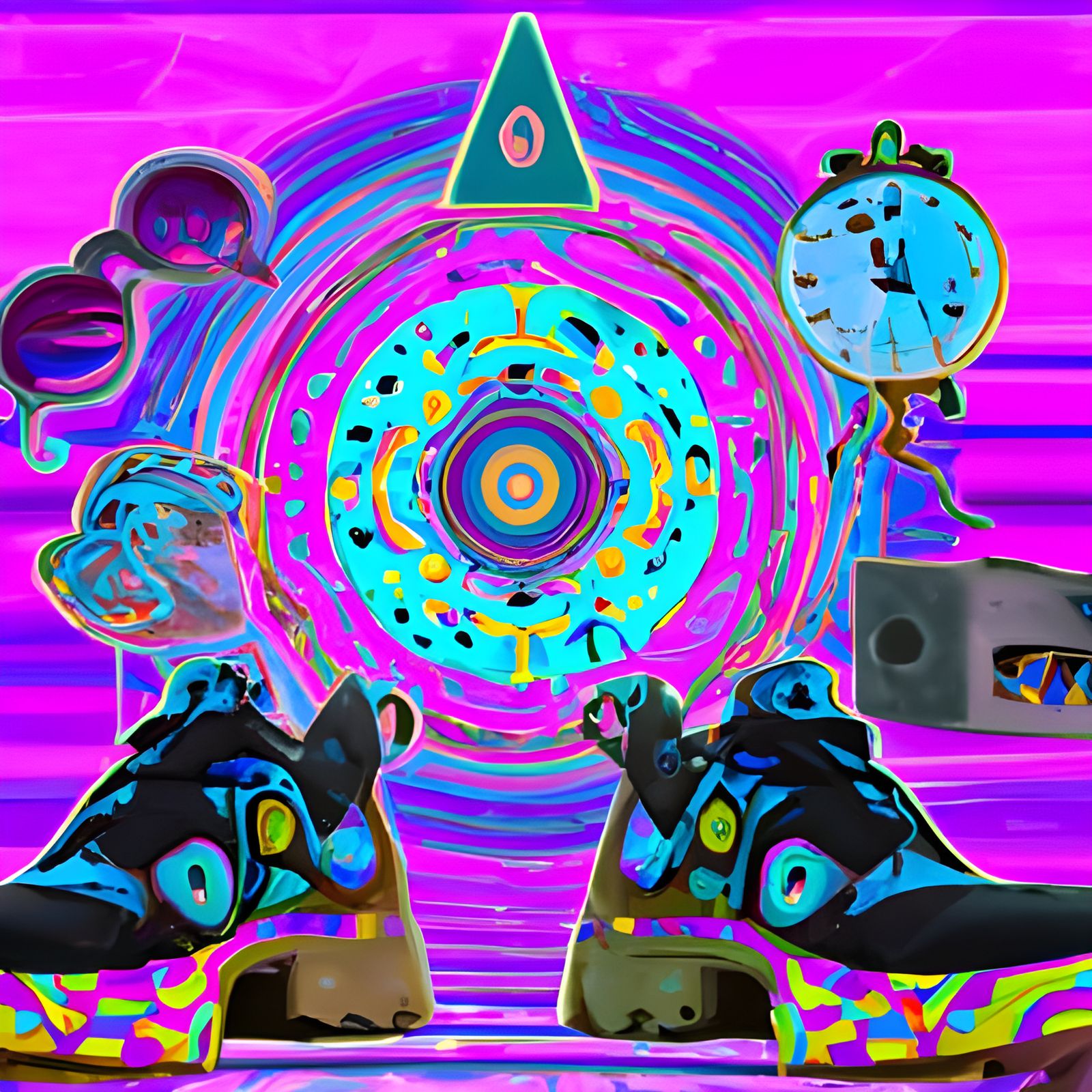 Astral Mandala with Clogs and Clocks in Vaporwave Style