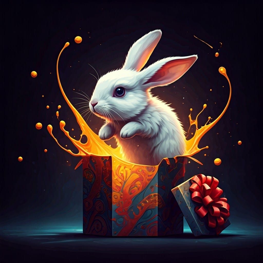 Whimsical White Rabbit Emerges from Ornate Box