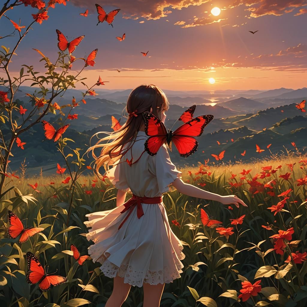 Ethereal Red Butterfly Amidst a Golden Sunset