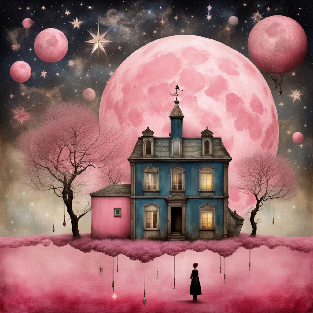 Surreal Crystal World with Pink Houses and Bright Stars in N...