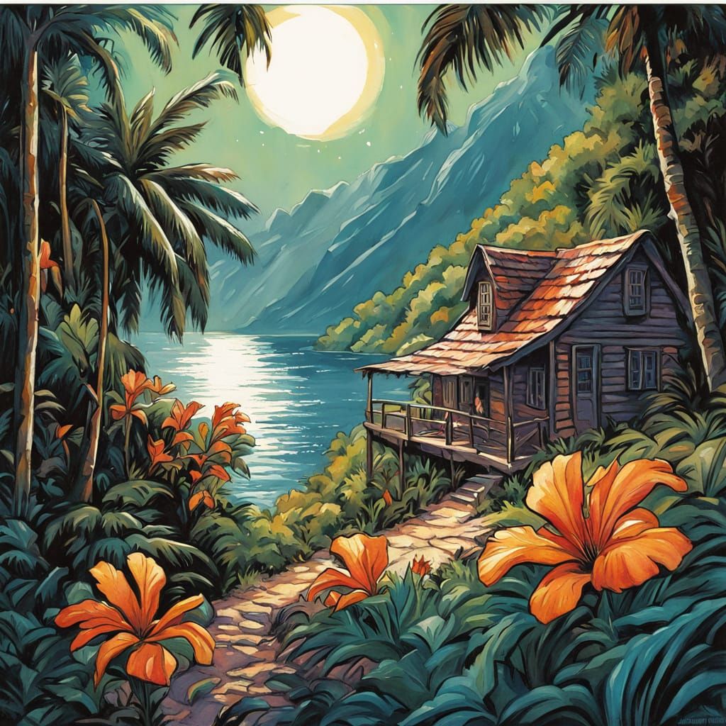 Tropical Hut Overlooking Jungle in Gouache Style